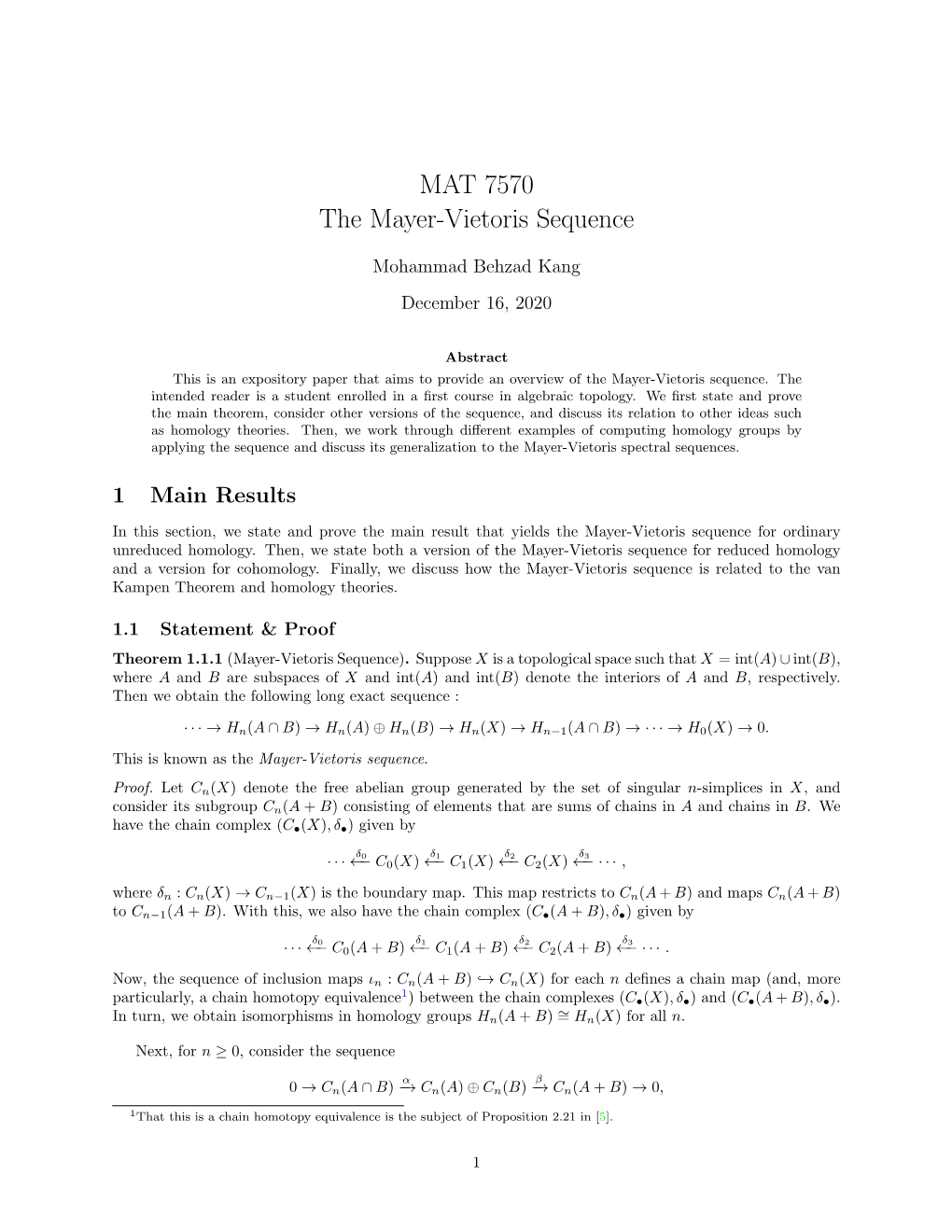 MAT 7570 the Mayer-Vietoris Sequence