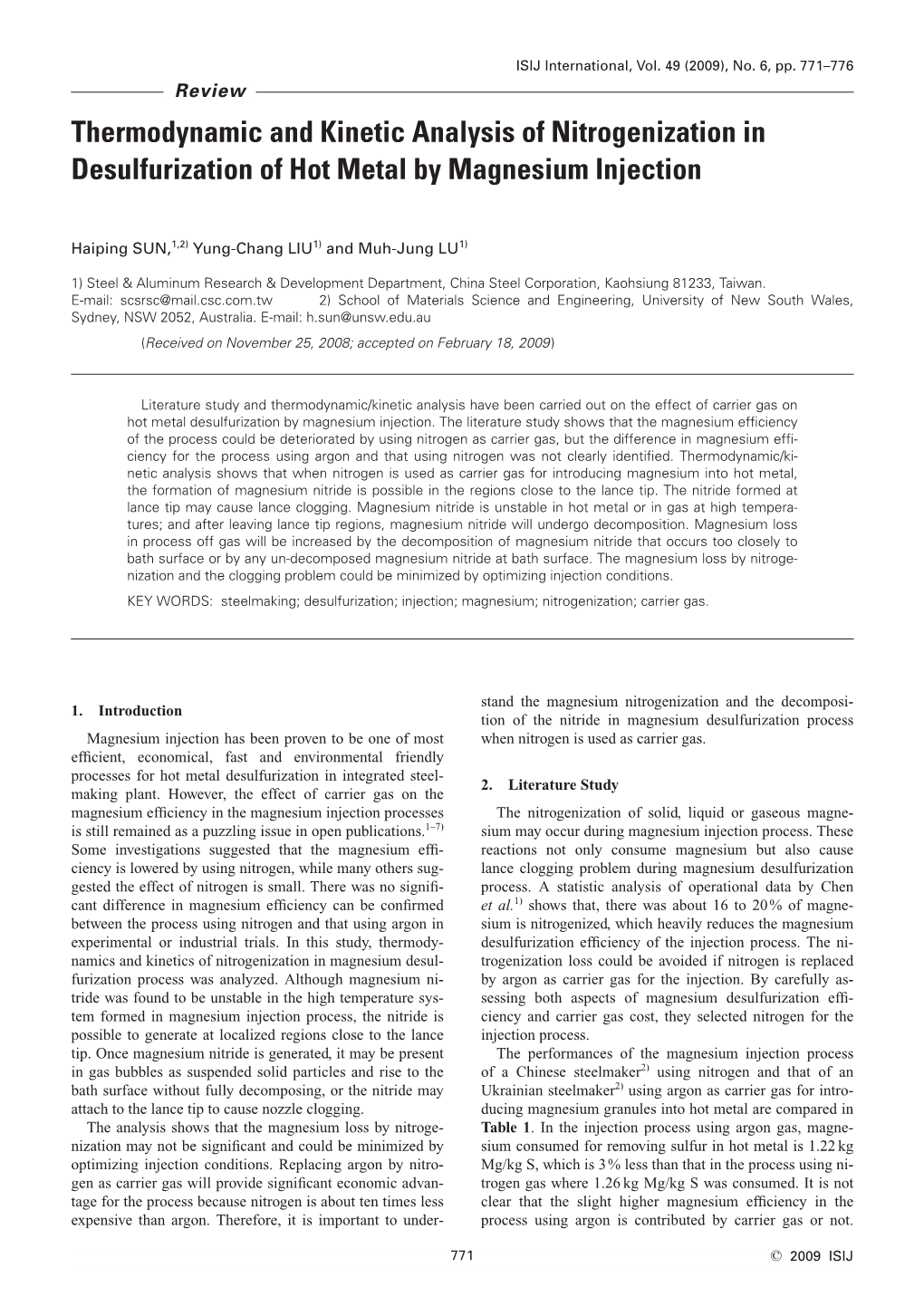 Thermodynamic and Kinetic Analysis of Nitrogenization in Desulfurization of Hot Metal by Magnesium Injection