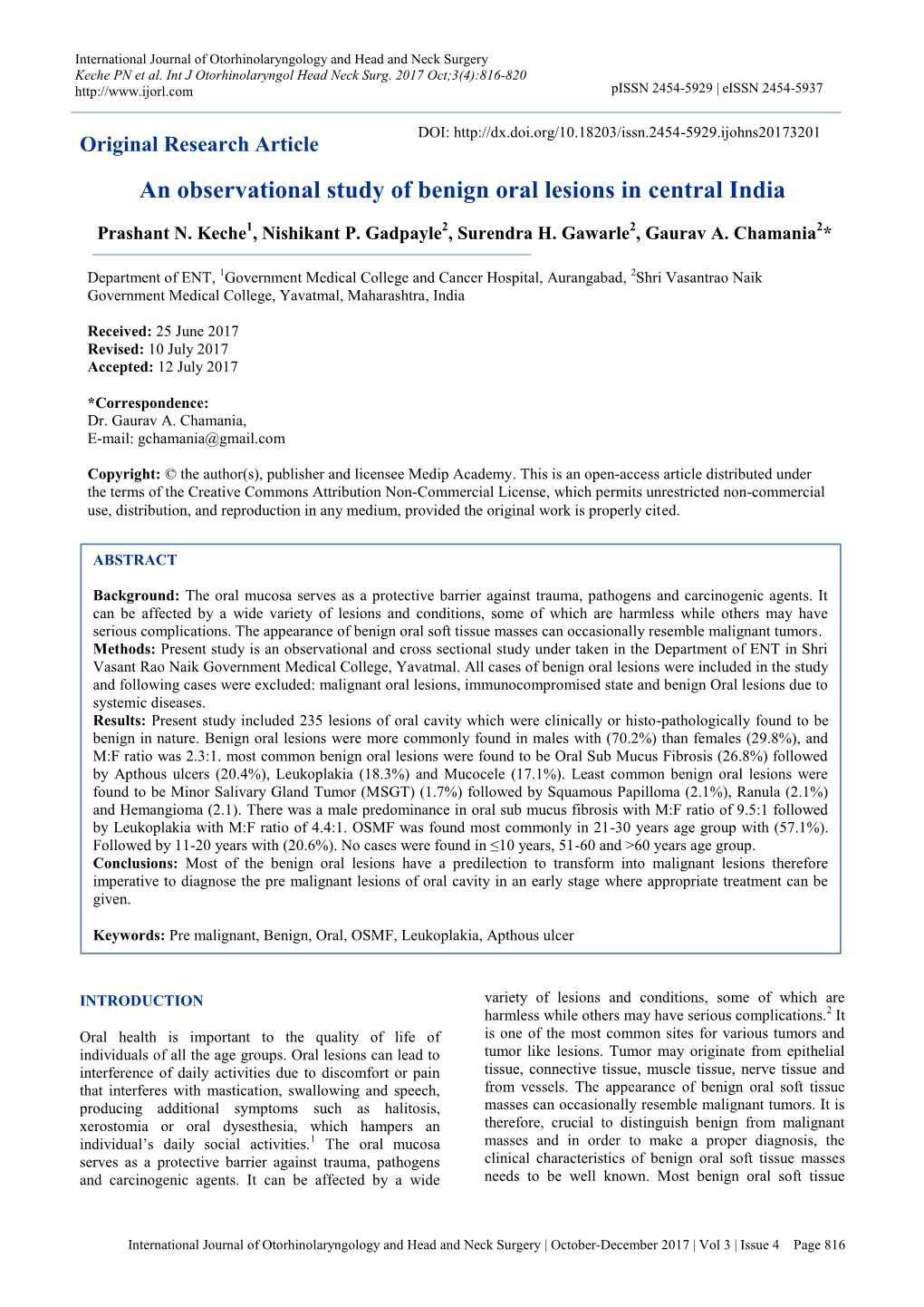 An Observational Study of Benign Oral Lesions in Central India