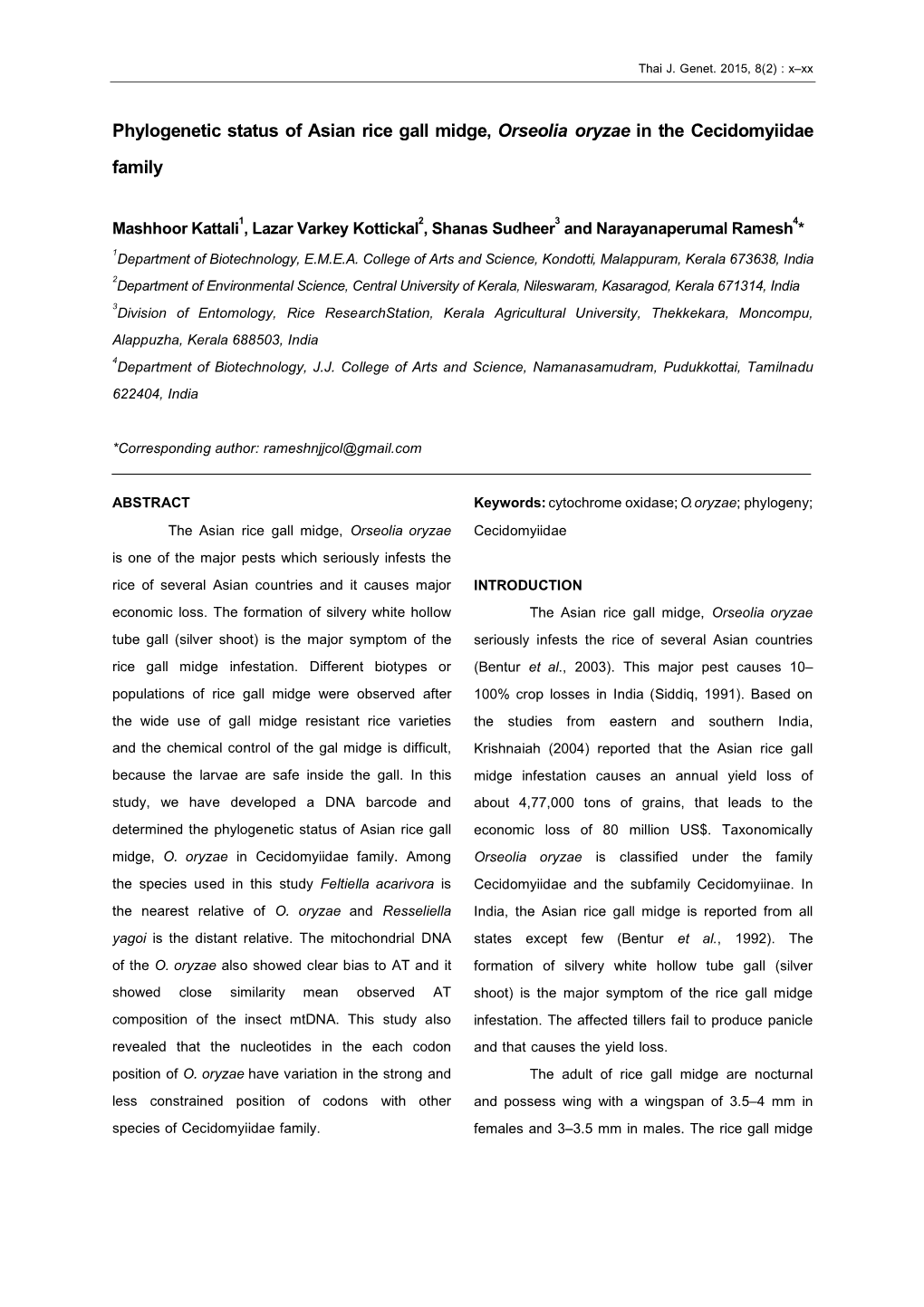 Phylogenetic Status of Asian Rice Gall Midge, Orseolia Oryzae in the Cecidomyiidae Family