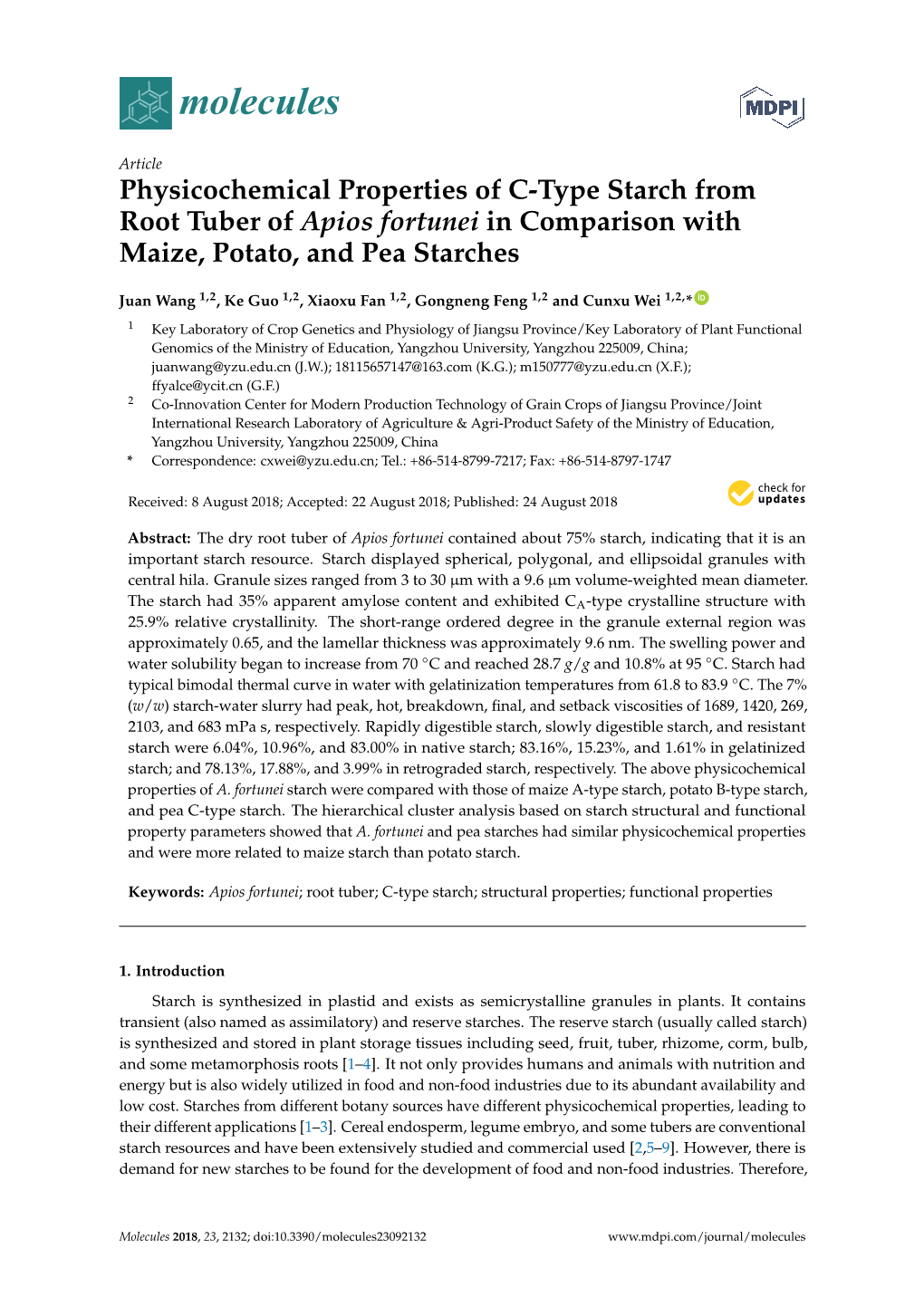 Physicochemical Properties of C-Type Starch from Root Tuber of Apios Fortunei in Comparison with Maize, Potato, and Pea Starches