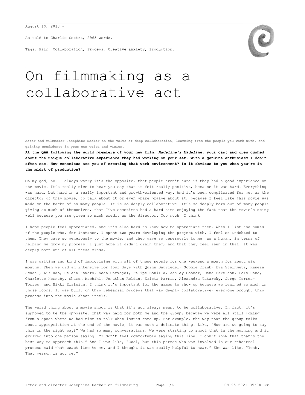 On Filmmaking As a Collaborative Act