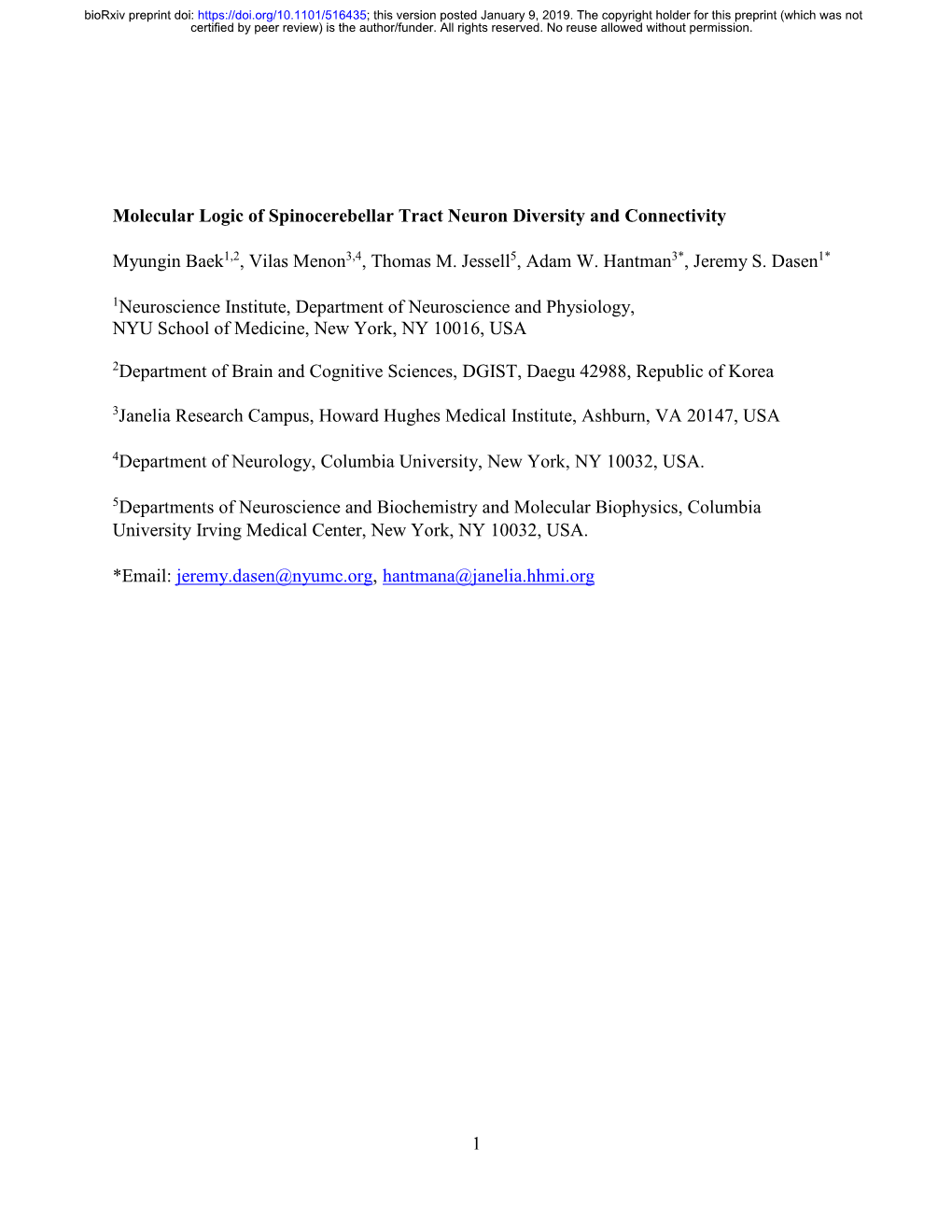 1 Molecular Logic of Spinocerebellar Tract Neuron Diversity