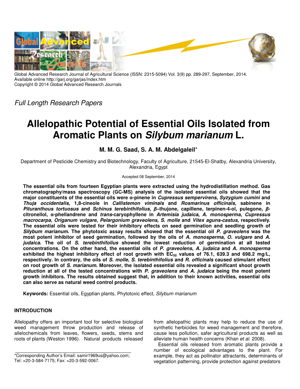 Allelopathic Potential of Essential Oils Isolated from Aromatic Plants on Silybum Marianum L