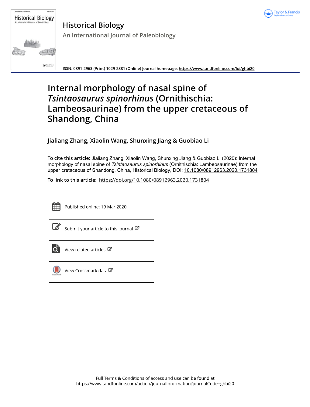 Internal Morphology of Nasal Spine of Tsintaosaurus Spinorhinus (Ornithischia: Lambeosaurinae) from the Upper Cretaceous of Shandong, China