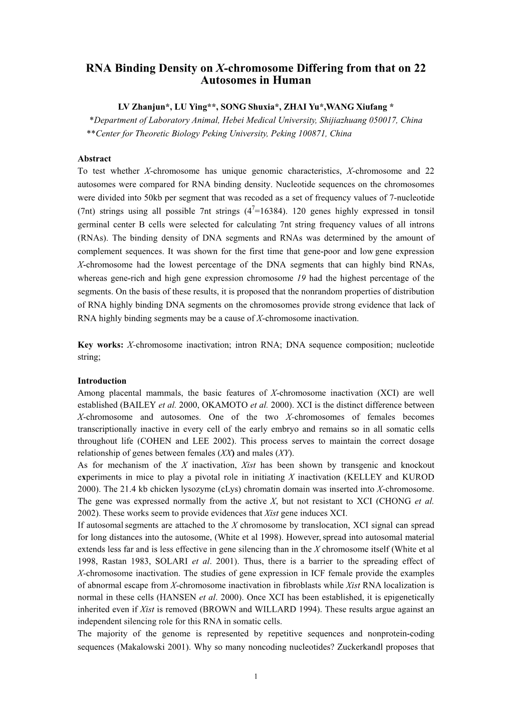 RNA Binding Density on X-Chromosome Differing from That on 22 Autosomes in Human