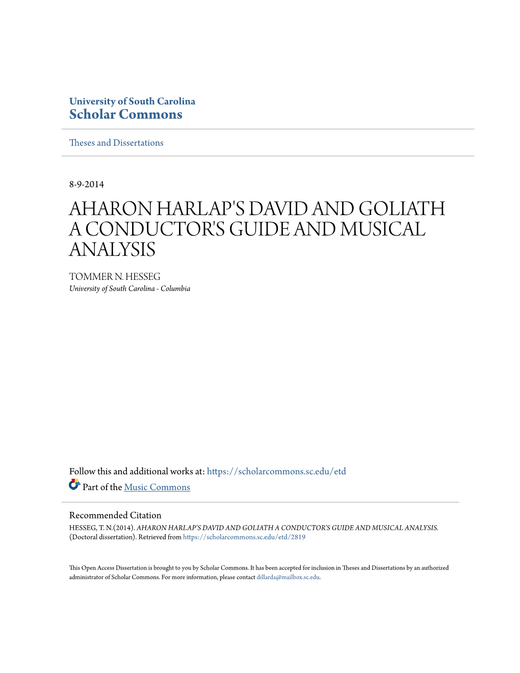 Aharon Harlap's David and Goliath a Conductor's Guide and Musical Analysis Tommer N