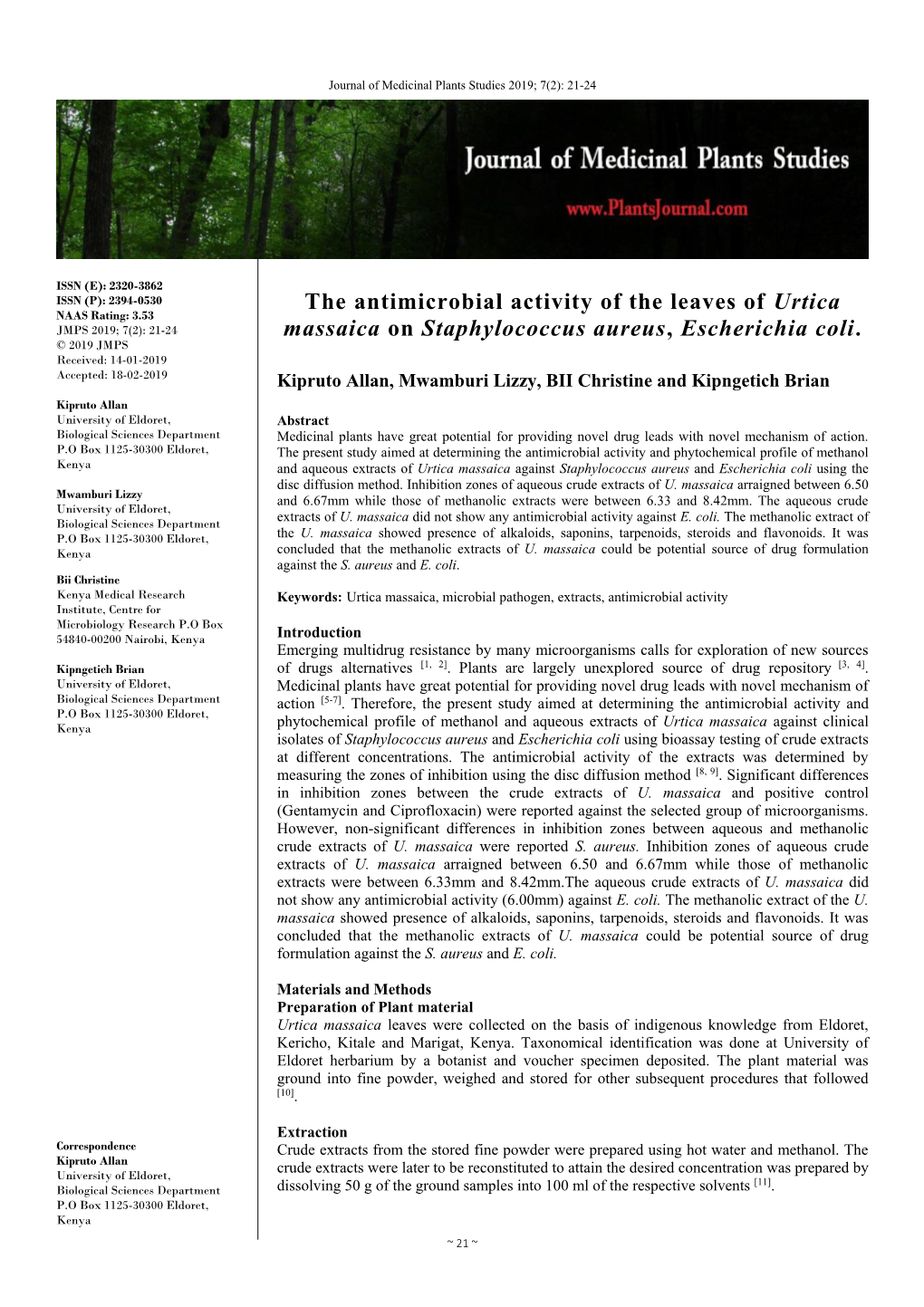 The Antimicrobial Activity of the Leaves of Urtica Massaica On