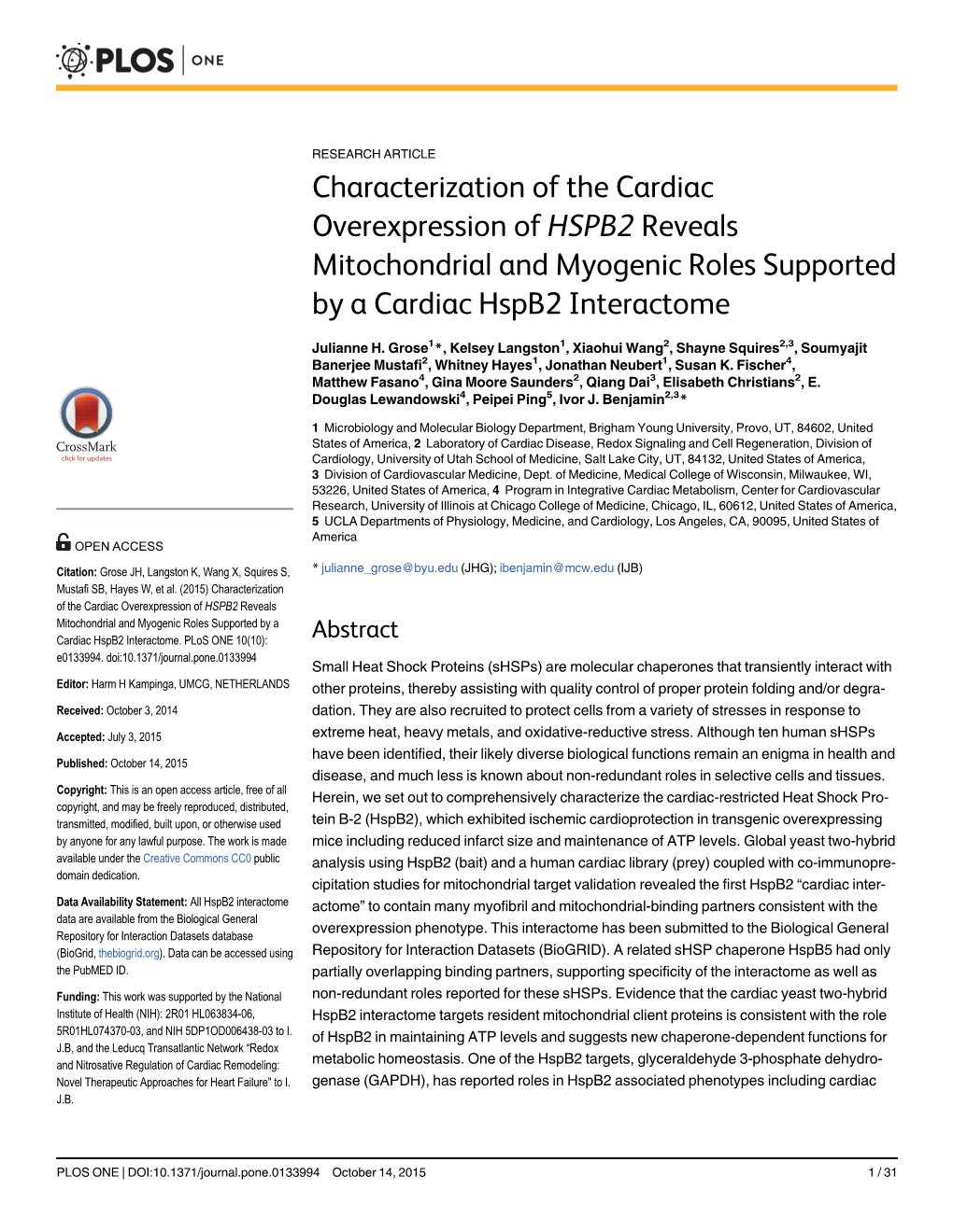 Characterization of the Cardiac Overexpression of HSPB2 Reveals Mitochondrial and Myogenic Roles Supported by a Cardiac Hspb2 Interactome