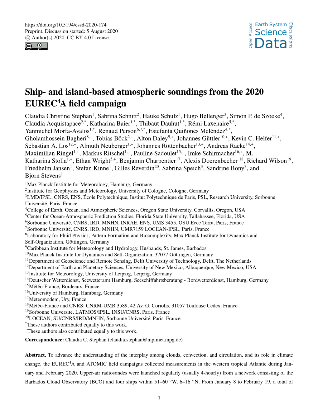 Ship- and Island-Based Atmospheric Soundings from the 2020 EUREC4A ﬁeld Campaign Claudia Christine Stephan1, Sabrina Schnitt2, Hauke Schulz1, Hugo Bellenger3, Simon P