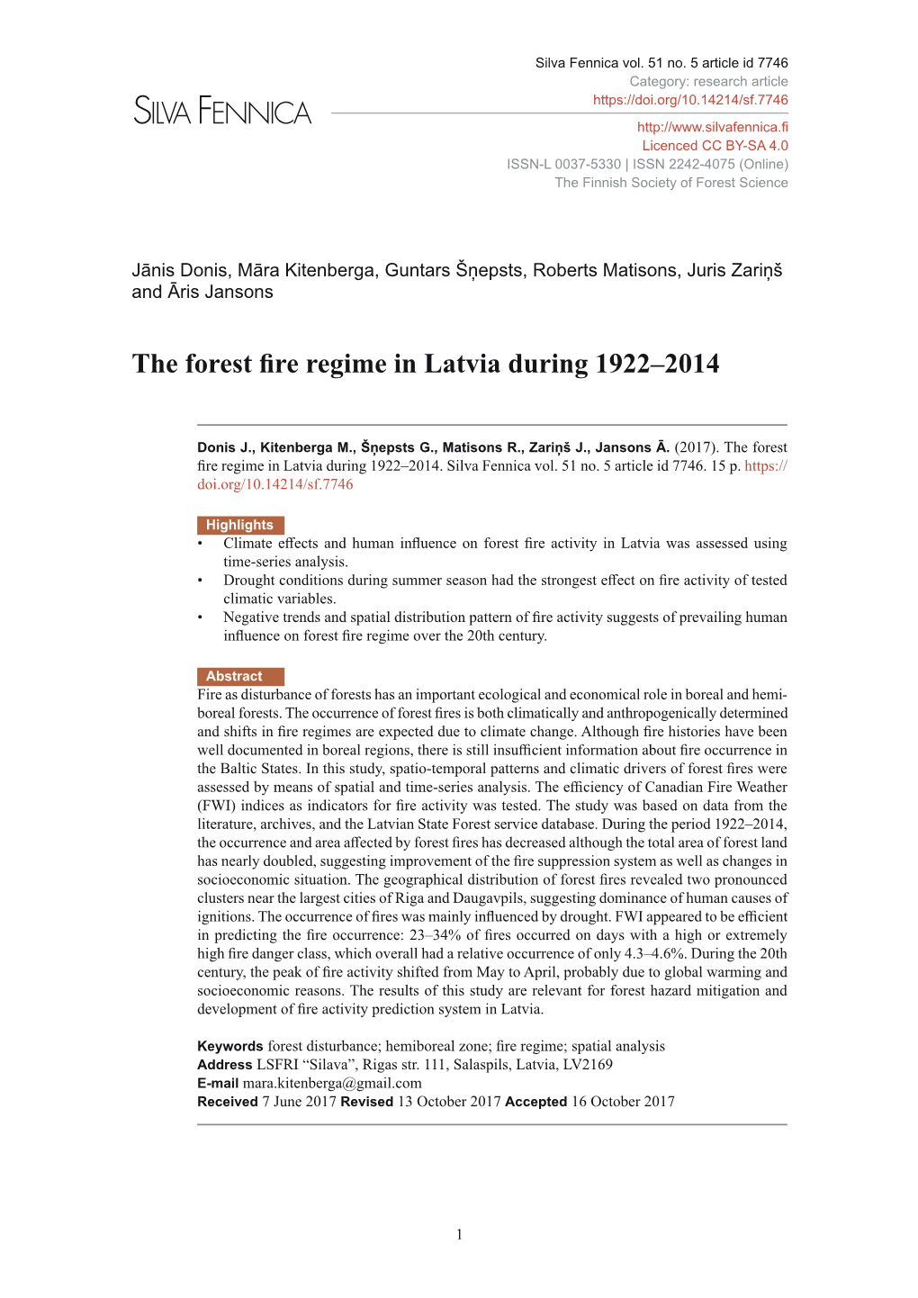 The Forest Fire Regime in Latvia During 1922–2014