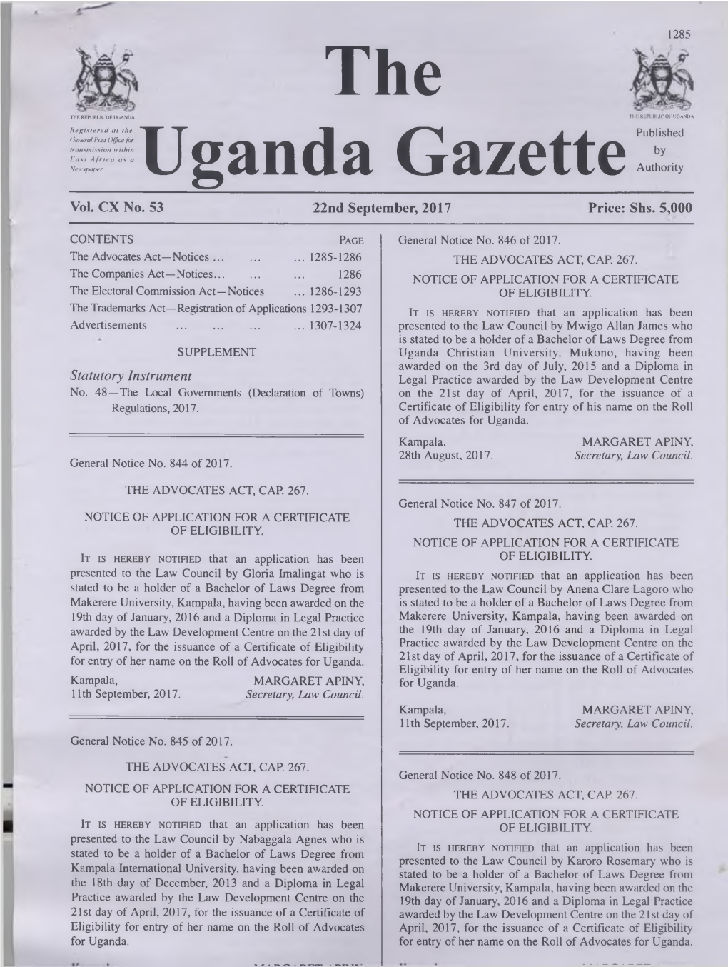 THE UGANDA GAZETTE [22Nd S Eptem Ber General Notice No