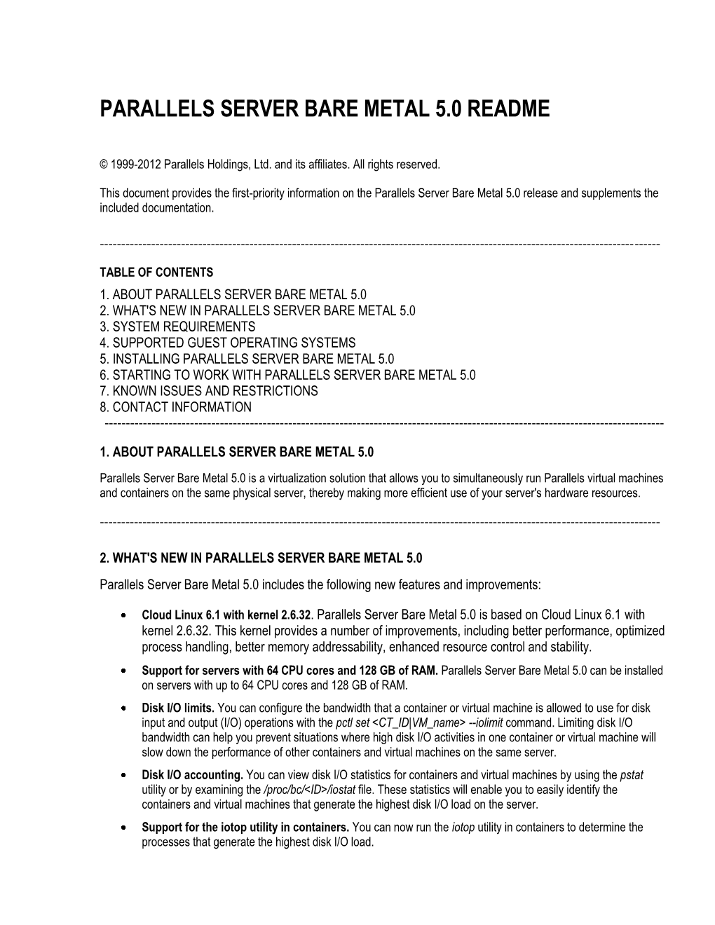 Parallels Server Bare Metal 5.0 Readme