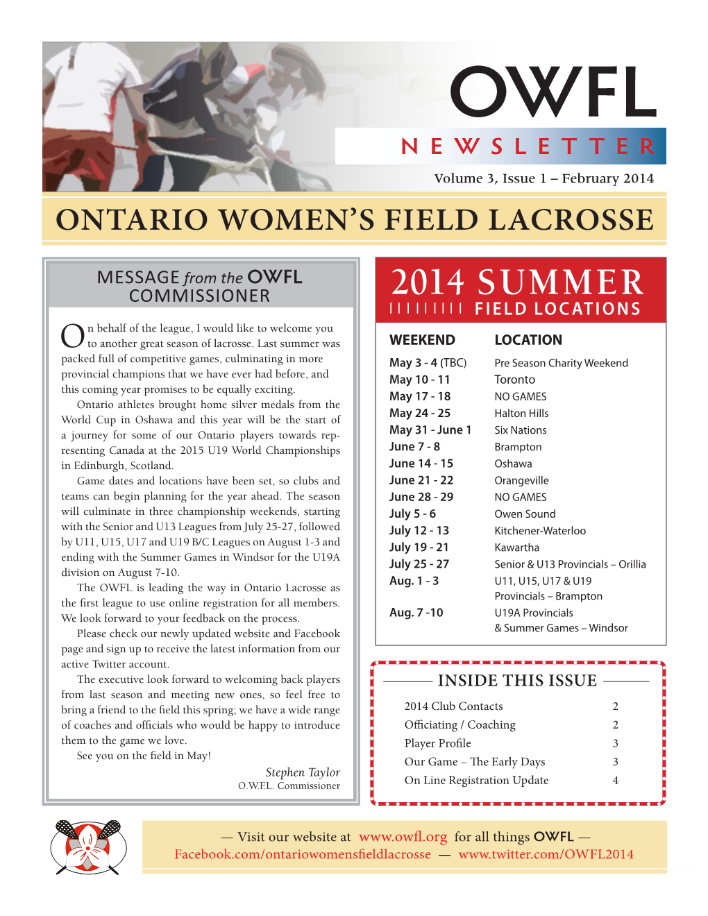 2014 SUMMER FIELD LOCATIONS N Behalf of the League, I Would Like to Welcome You Oto Another Great Season of Lacrosse