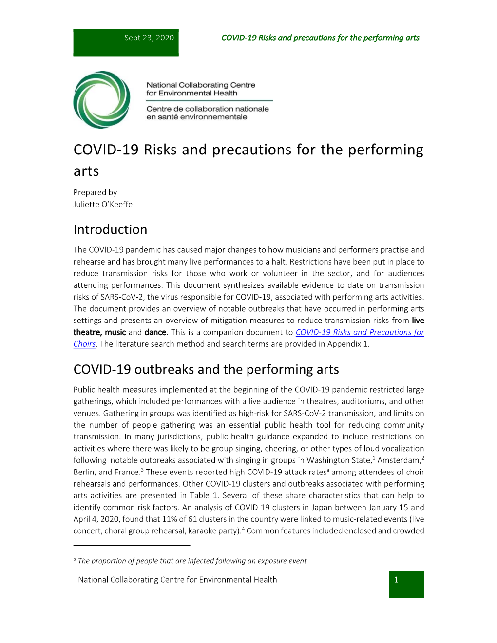 COVID-19 Risks and Precautions for the Performing Arts