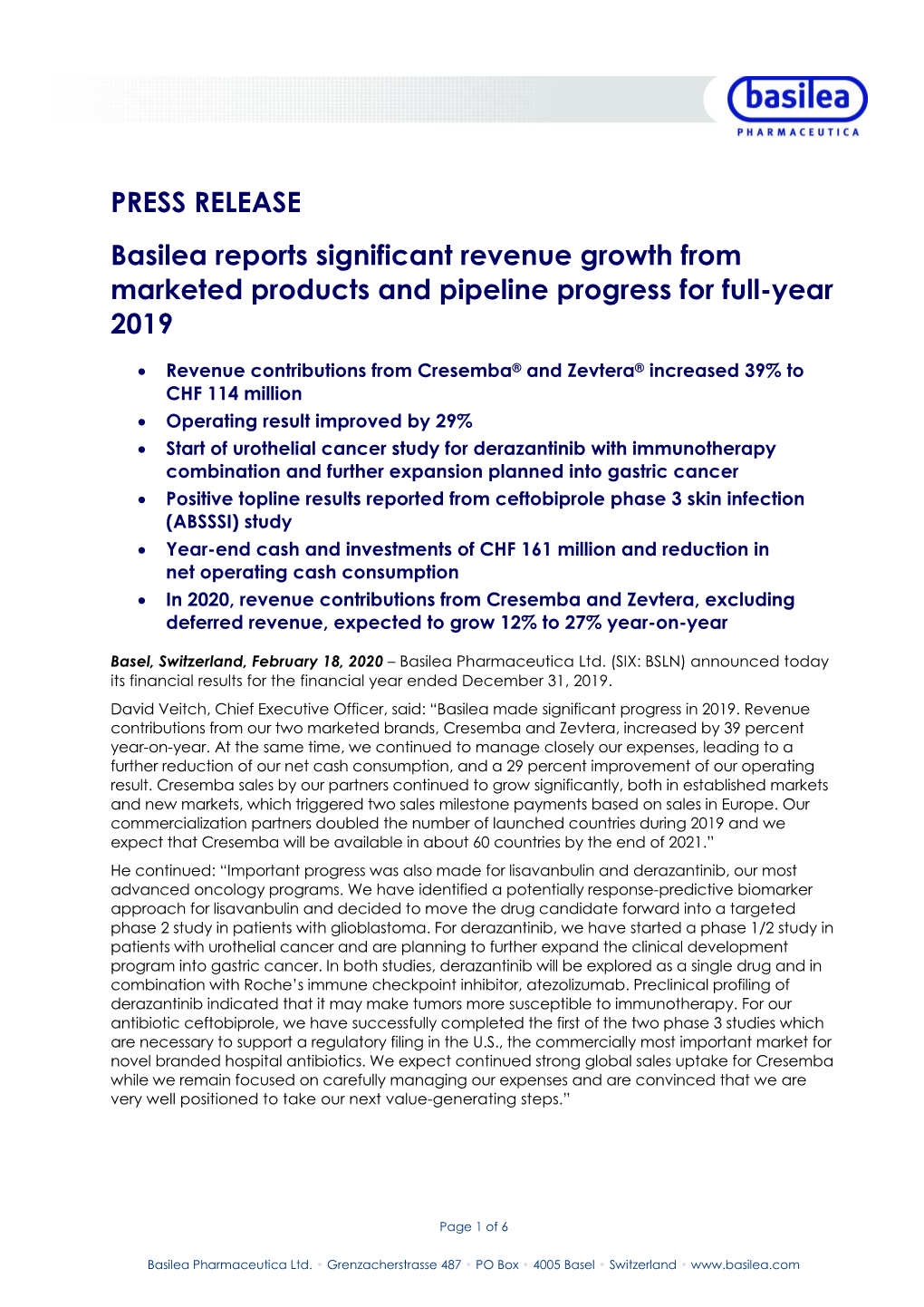 PRESS RELEASE Basilea Reports Significant Revenue Growth from Marketed Products and Pipeline Progress for Full-Year 2019