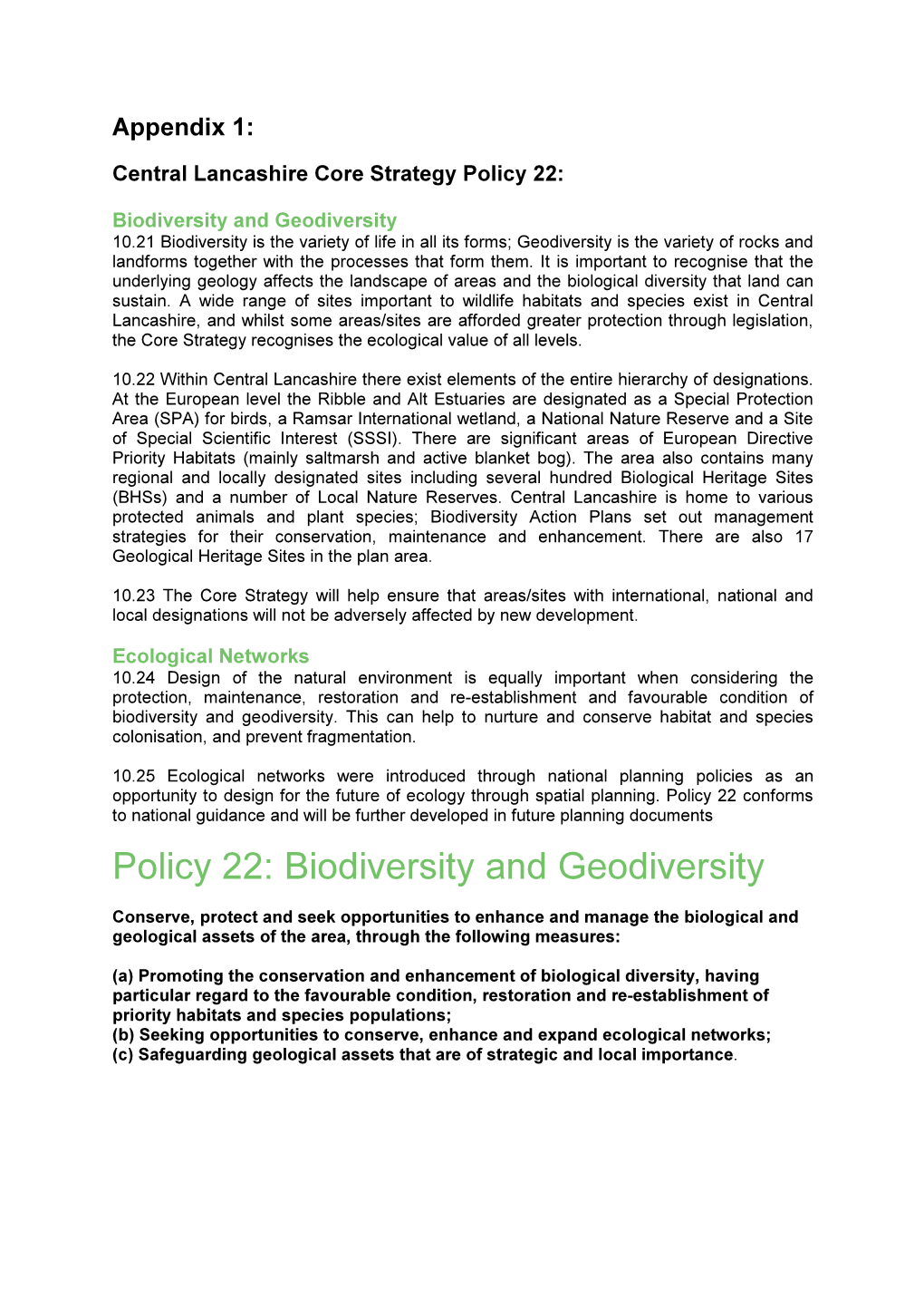 Policy 22: Biodiversity and Geodiversity