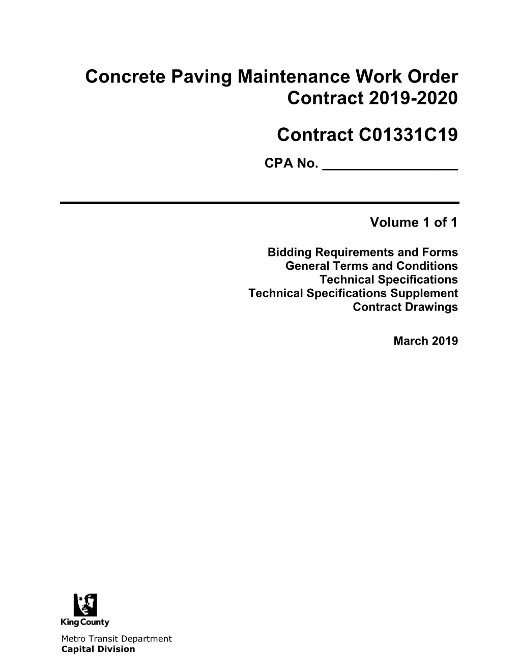 Concrete Paving Maintenance Work Order Contract 2019-2020 Contract C01331C19 CPA No