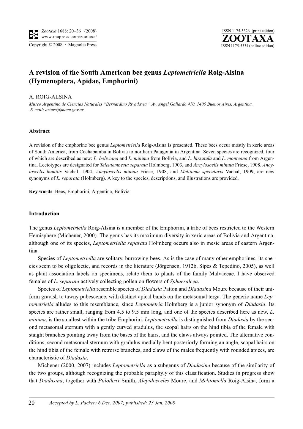 Zootaxa, a Revision of the South American Bee Genus Leptometriella