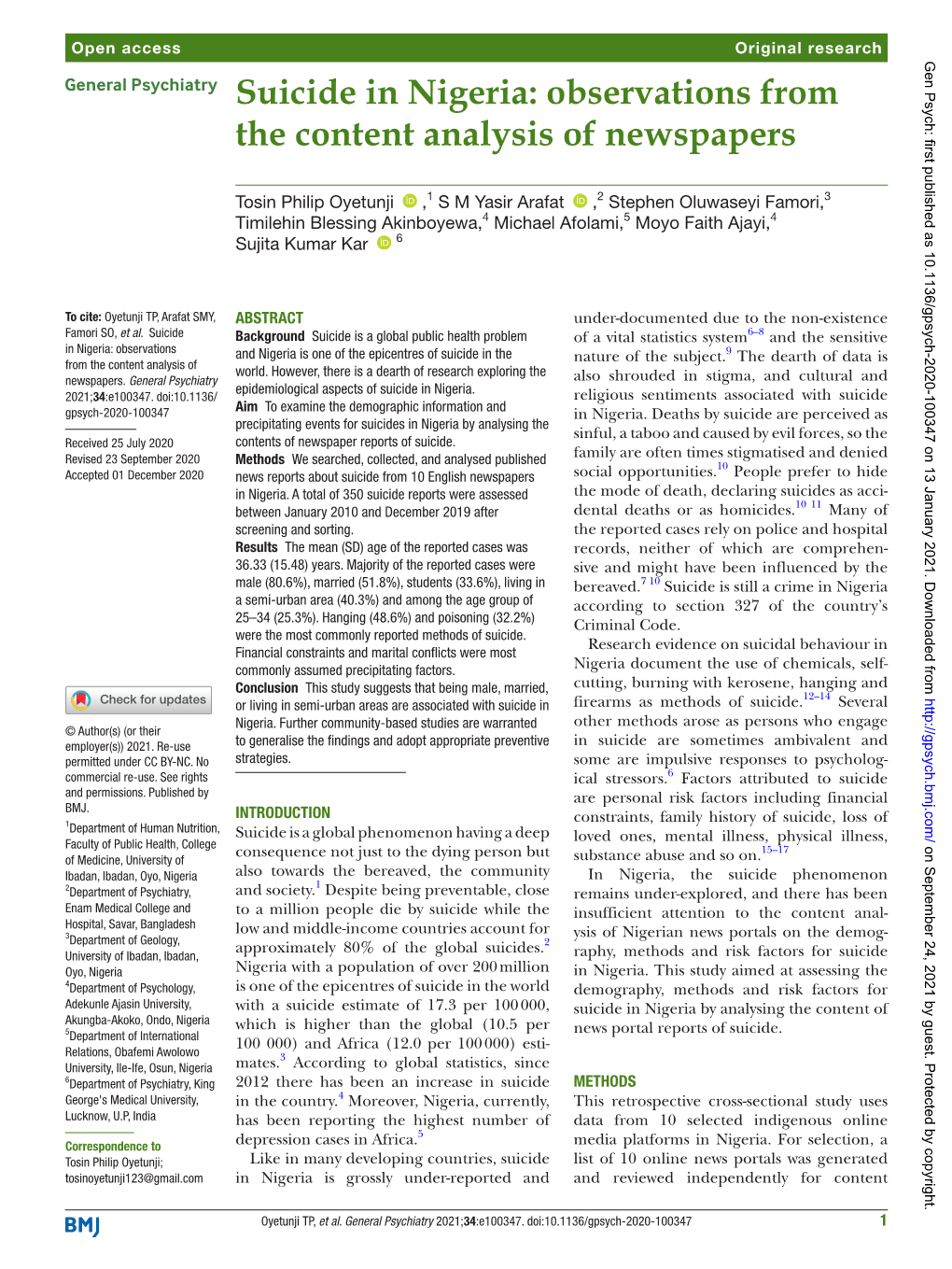 Suicide in Nigeria: Observations from the Content Analysis of Newspapers