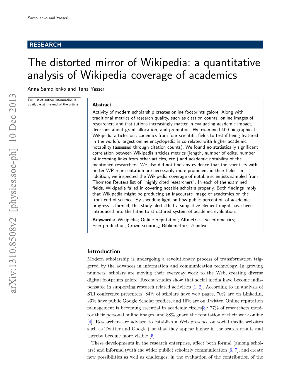 A Quantitative Analysis of Wikipedia Coverage of Academics Anna Samoilenko and Taha Yasseri