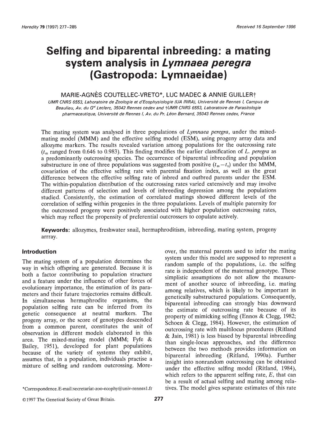 Selfing and Biparental Inbreeding: a Mating System Analysis in Lymnaea Peregra (Gastropoda: Lymnaeidae)
