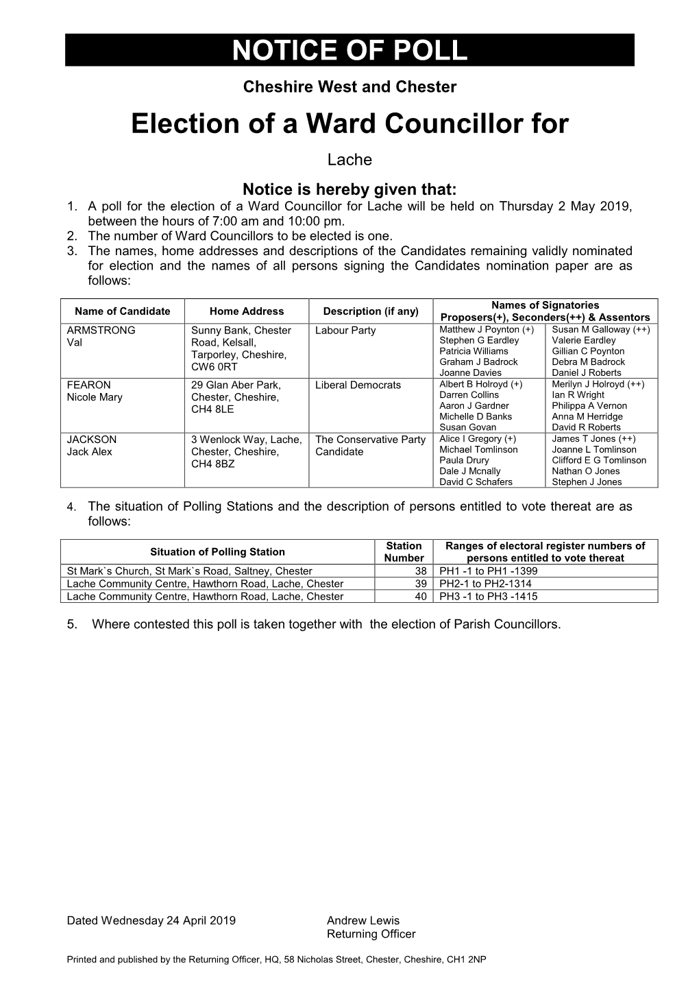 NOTICE of POLL Election of a Ward Councillor