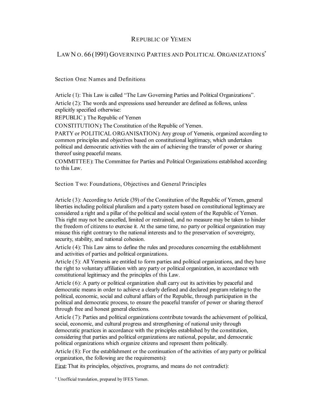 Yemen Parties and Political Organizations Law No. 66 (1991)