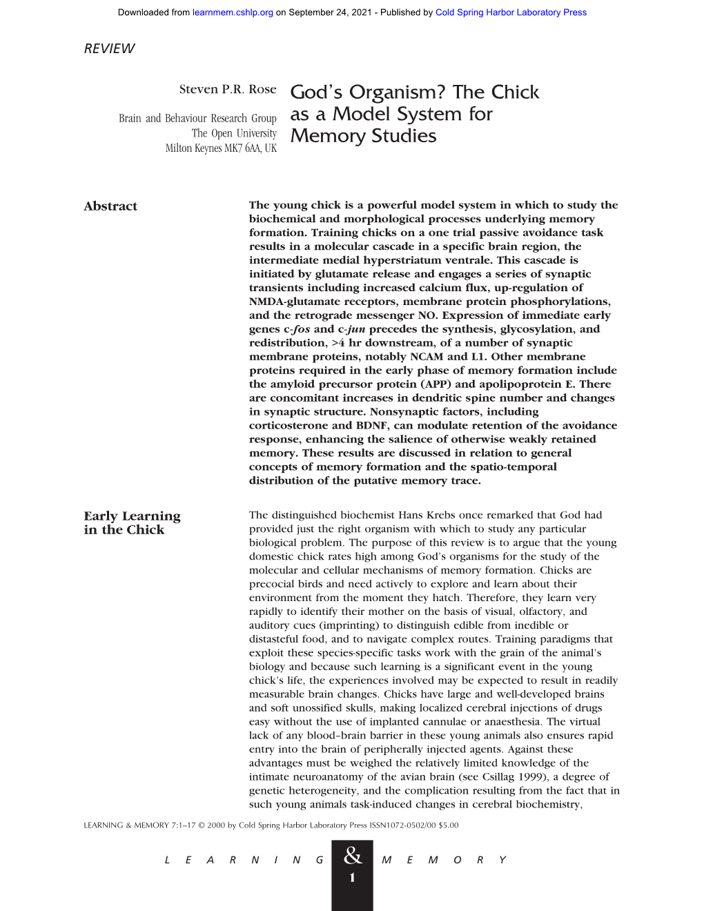 God's Organism? the Chick As a Model System for Memory Studies