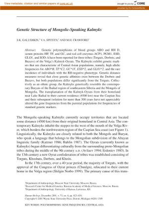 Genetic Structure of Mongolic-Speaking Kalmyks