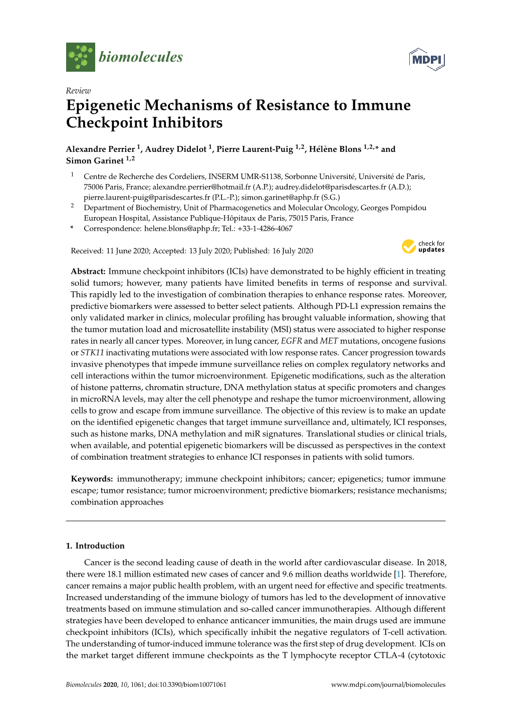 Epigenetic Mechanisms of Resistance to Immune Checkpoint Inhibitors