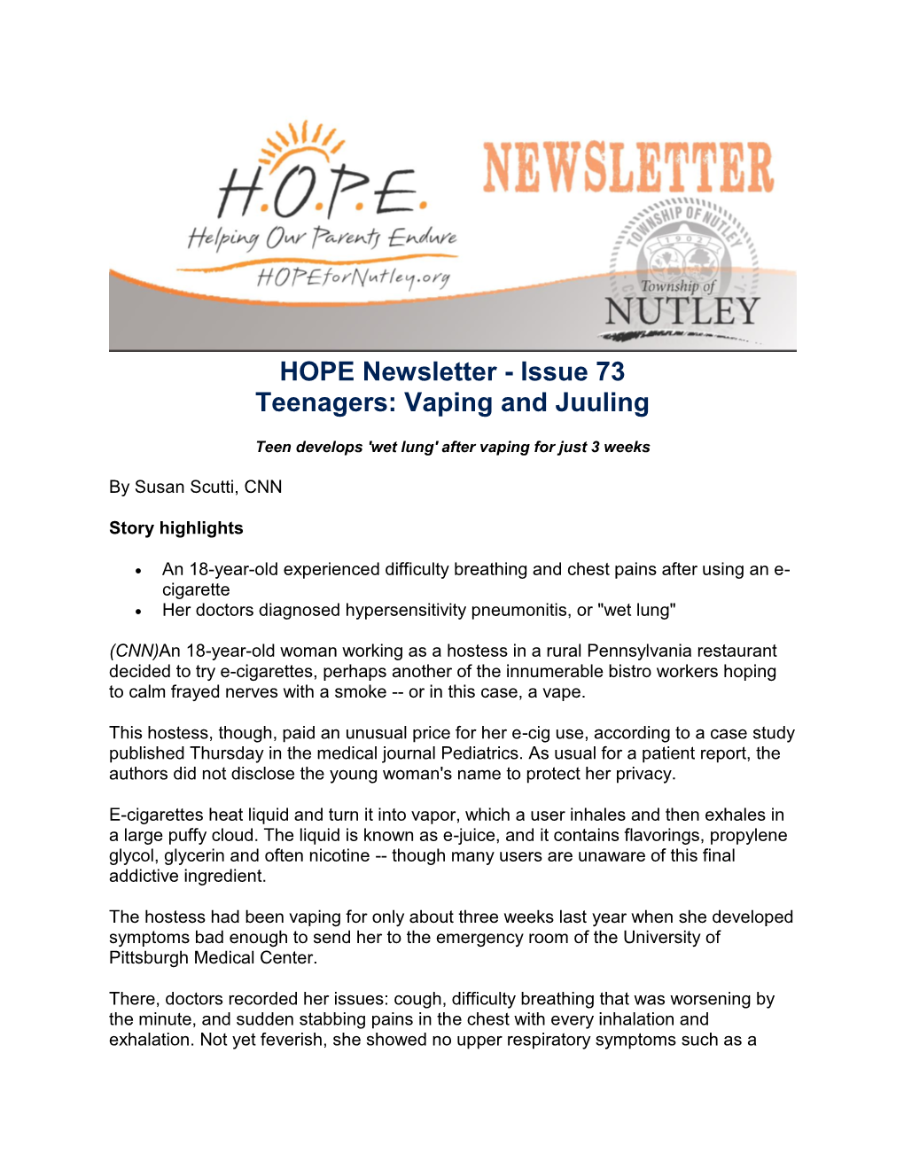 HOPE Newsletter - Issue 73 Teenagers: Vaping and Juuling