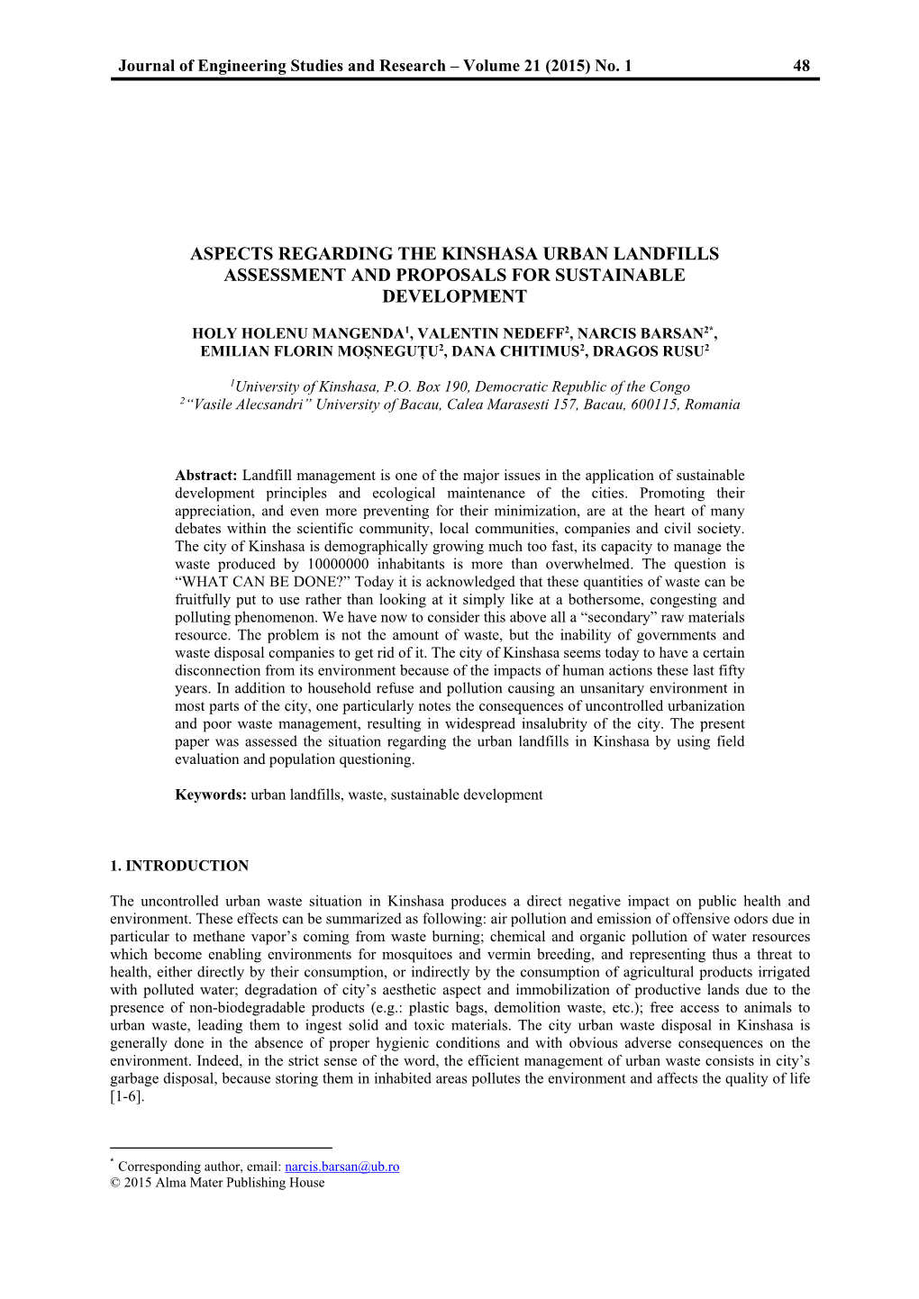 Aspects Regarding the Kinshasa Urban Landfills Assessment and Proposals for Sustainable Development