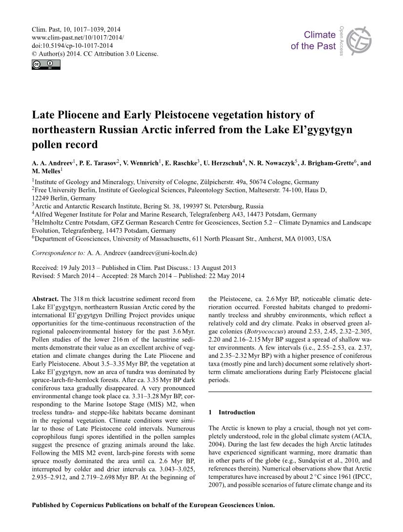 Late Pliocene and Early Pleistocene Vegetation History of Northeastern Russian Arctic Inferred from the Lake El'gygytgyn Polle