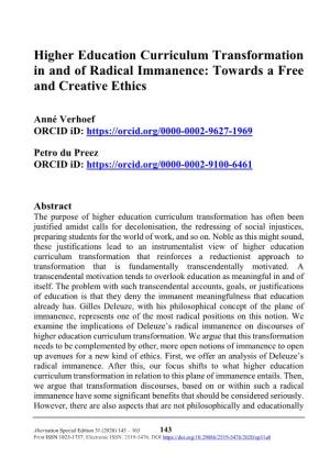 Higher Education Curriculum Transformation in and of Radical Immanence: Towards a Free and Creative Ethics