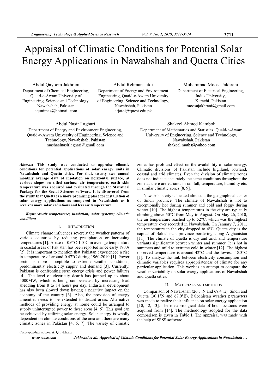 Appraisal of Climatic Conditions for Potential Solar Energy Applications in Nawabshah and Quetta Cities