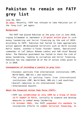 Pakistan to Remain on FATF Grey List