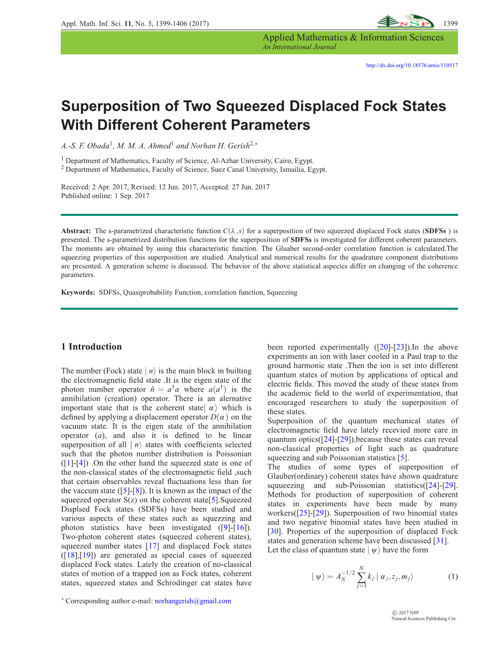 Superposition of Two Squeezed Displaced Fock States with Different Coherent Parameters