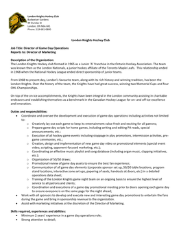 London Knights Hockey Club – Director of Game Day Operations