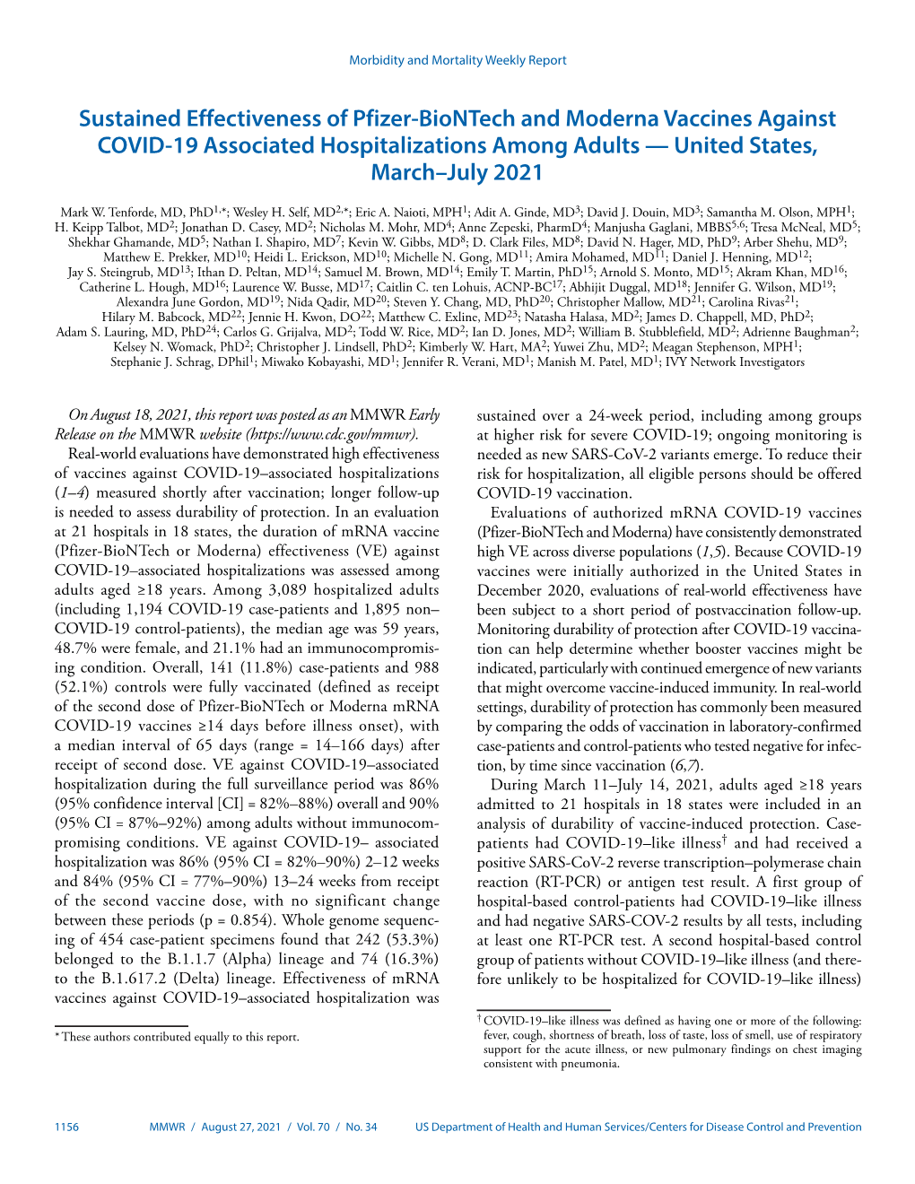 Sustained Effectiveness of Pfizer-Biontech and Moderna Vaccines Against COVID-19 Associated Hospitalizations Among Adults — United States, March–July 2021