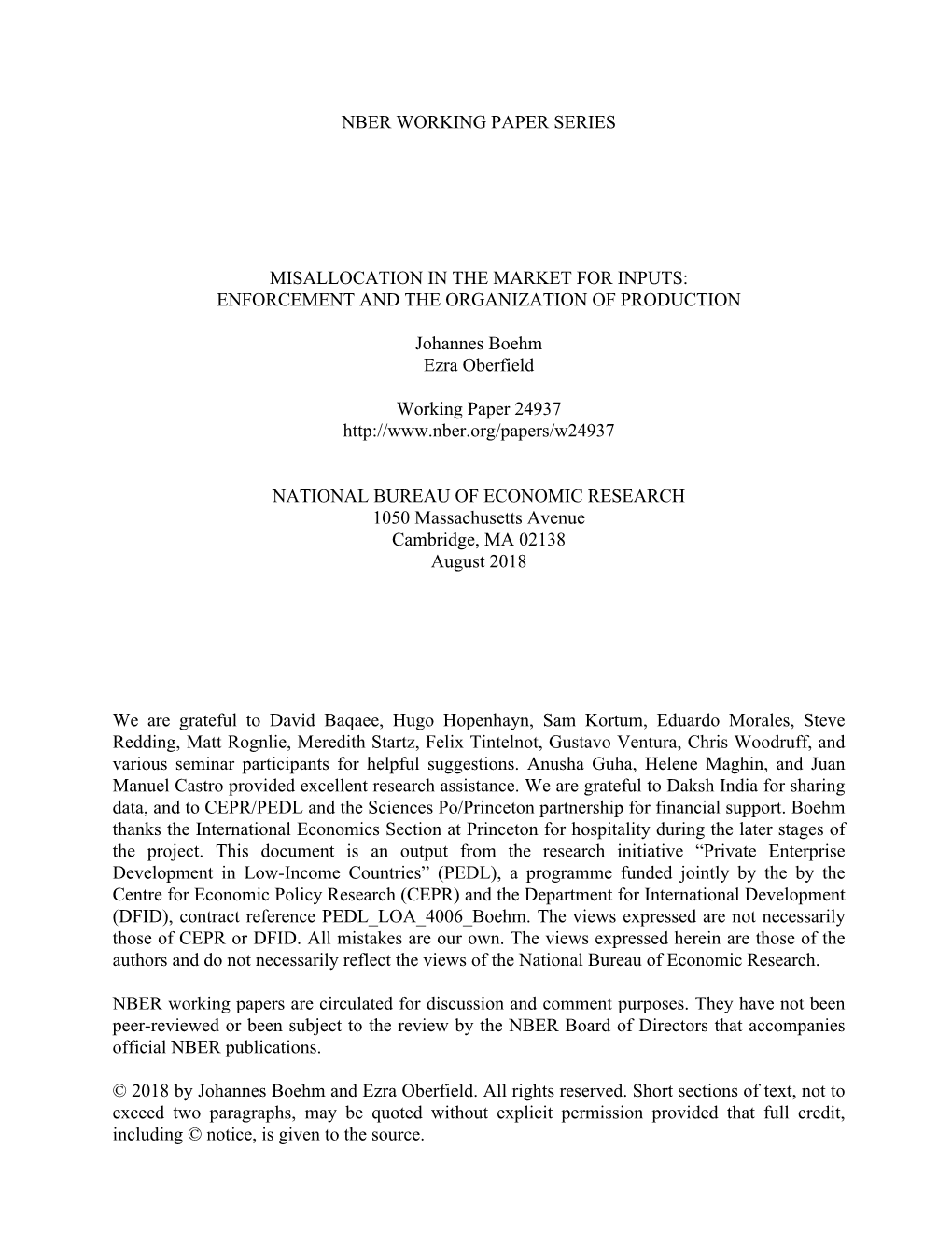 Nber Working Paper Series Misallocation in the Market