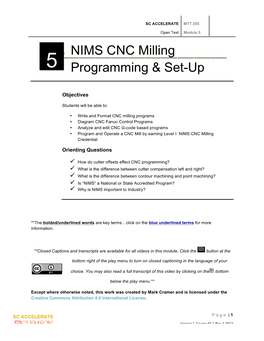 NIMS CNC Milling Programming & Set-Up