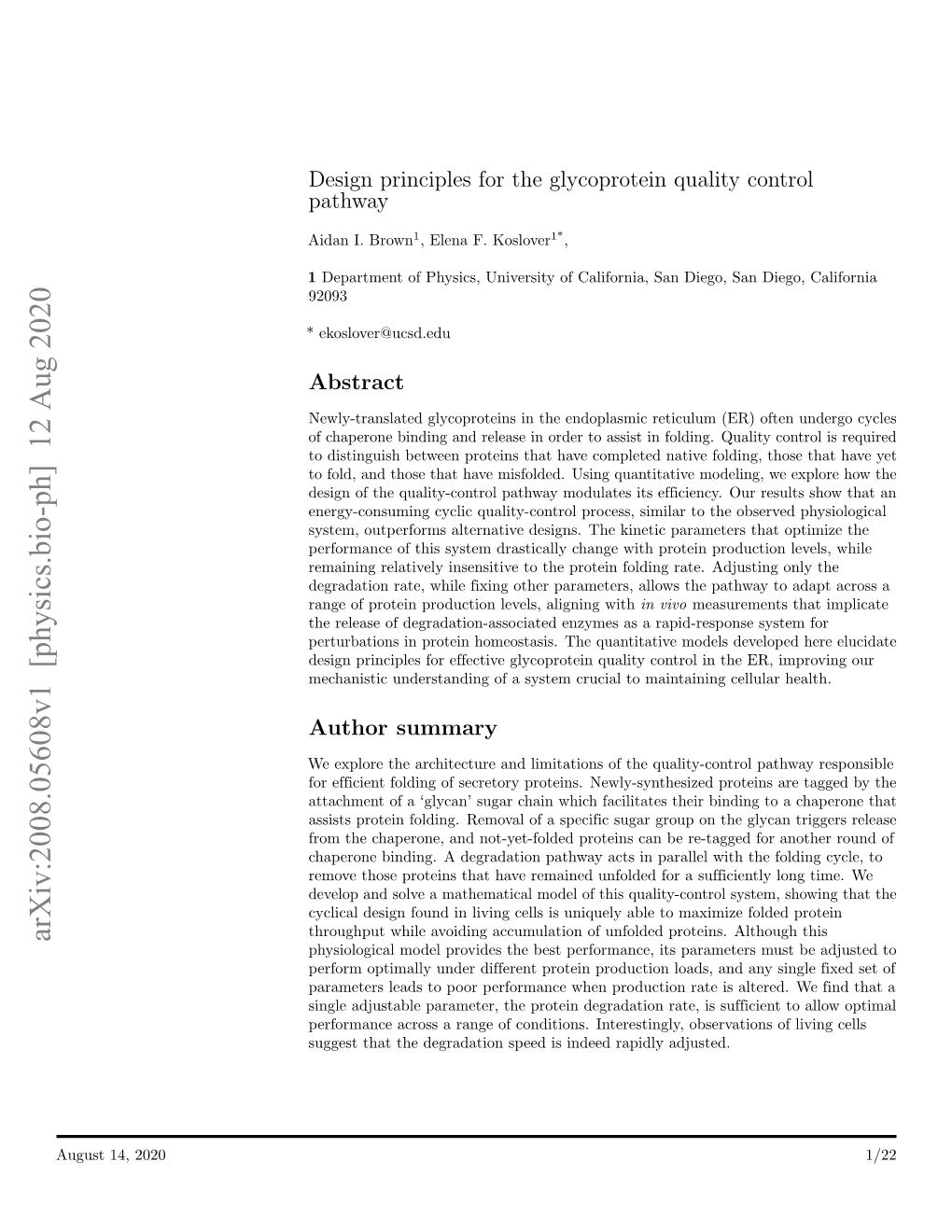 Arxiv:2008.05608V1 [Physics.Bio-Ph] 12 Aug 2020