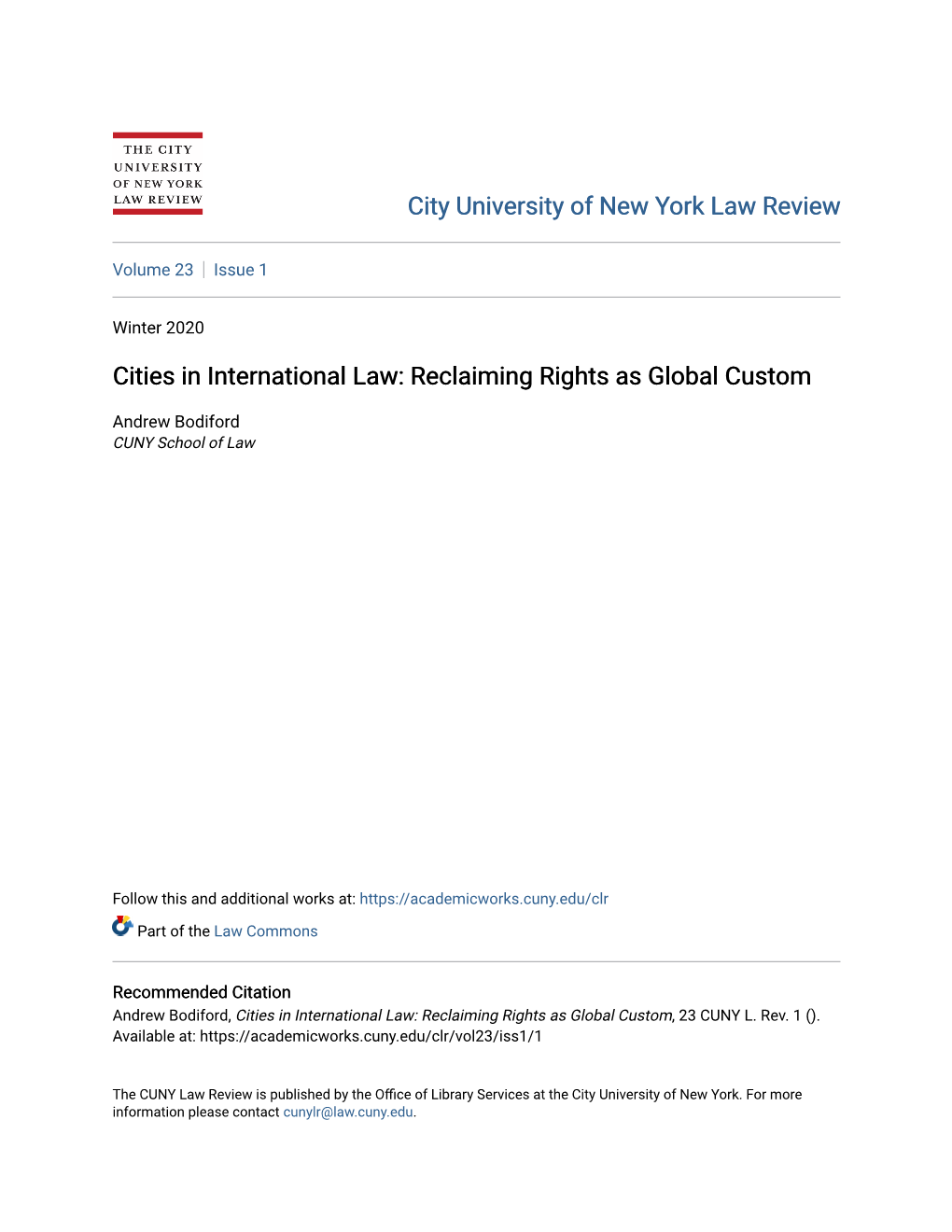Cities in International Law: Reclaiming Rights As Global Custom