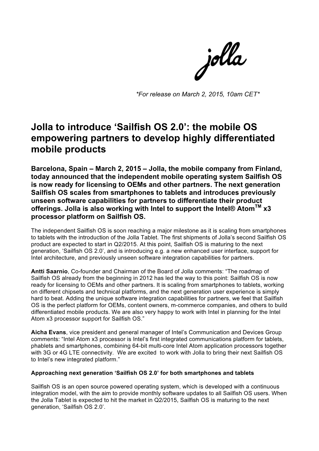 Jolla to Introduce 'Sailfish OS 2.0': the Mobile OS Empowering Partners To