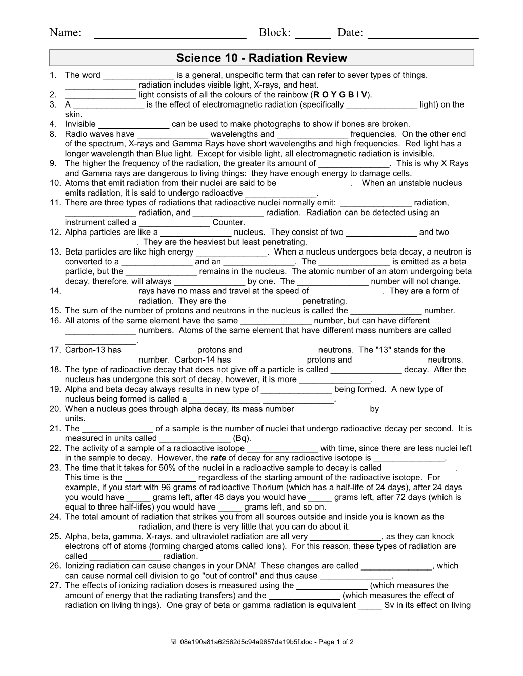 Science 10 - Radiation Review