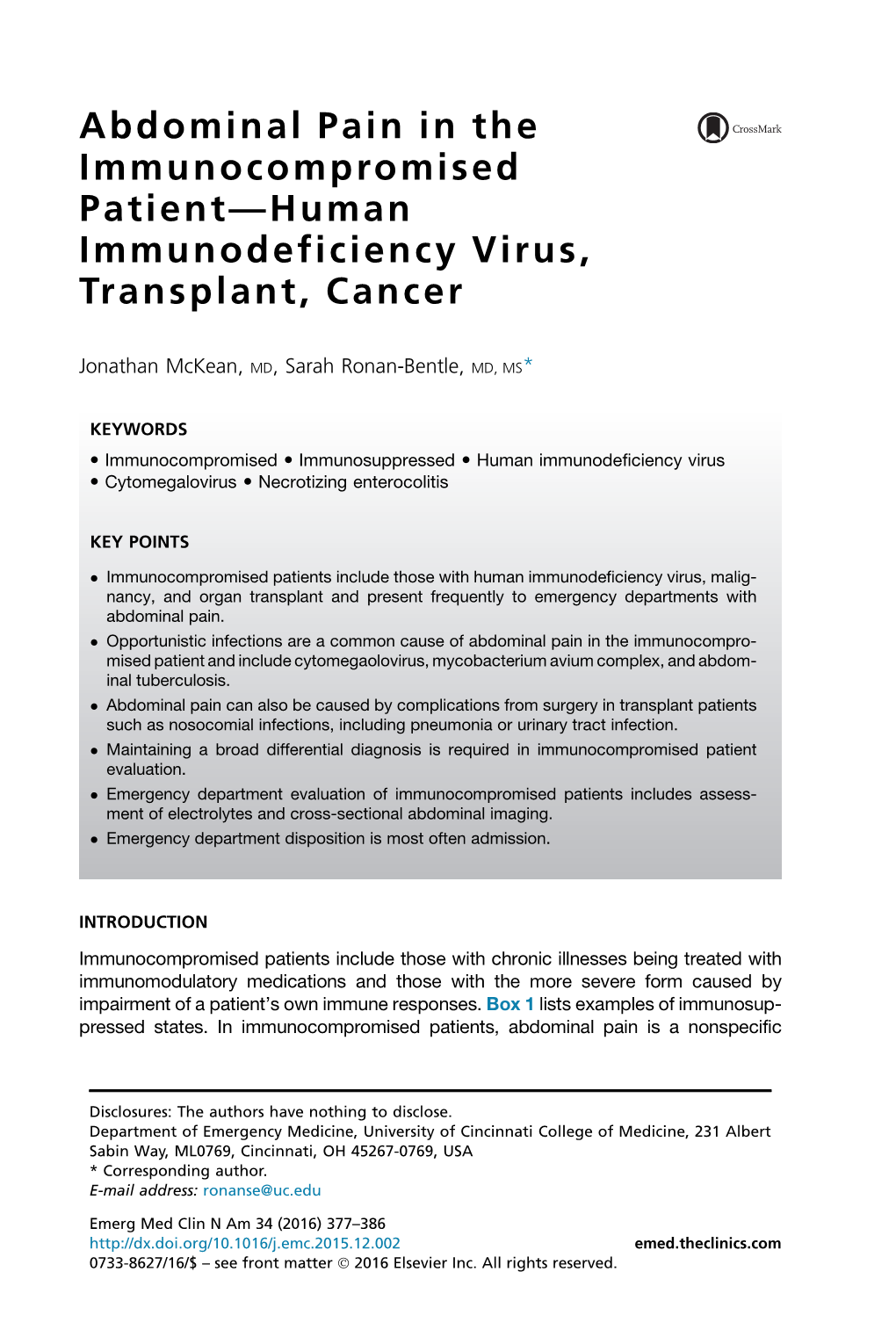 Abdominal Pain in the Immunocompromised Patient—Human Immunodeficiency Virus, Transplant, Cancer