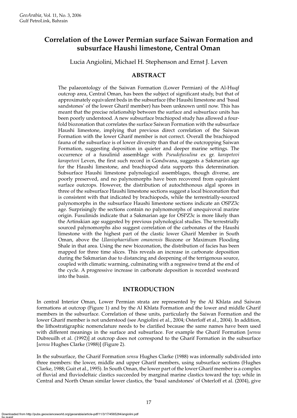 Correlation of the Lower Permian Surface Saiwan Formation and Subsurface Haushi Limestone, Central Oman