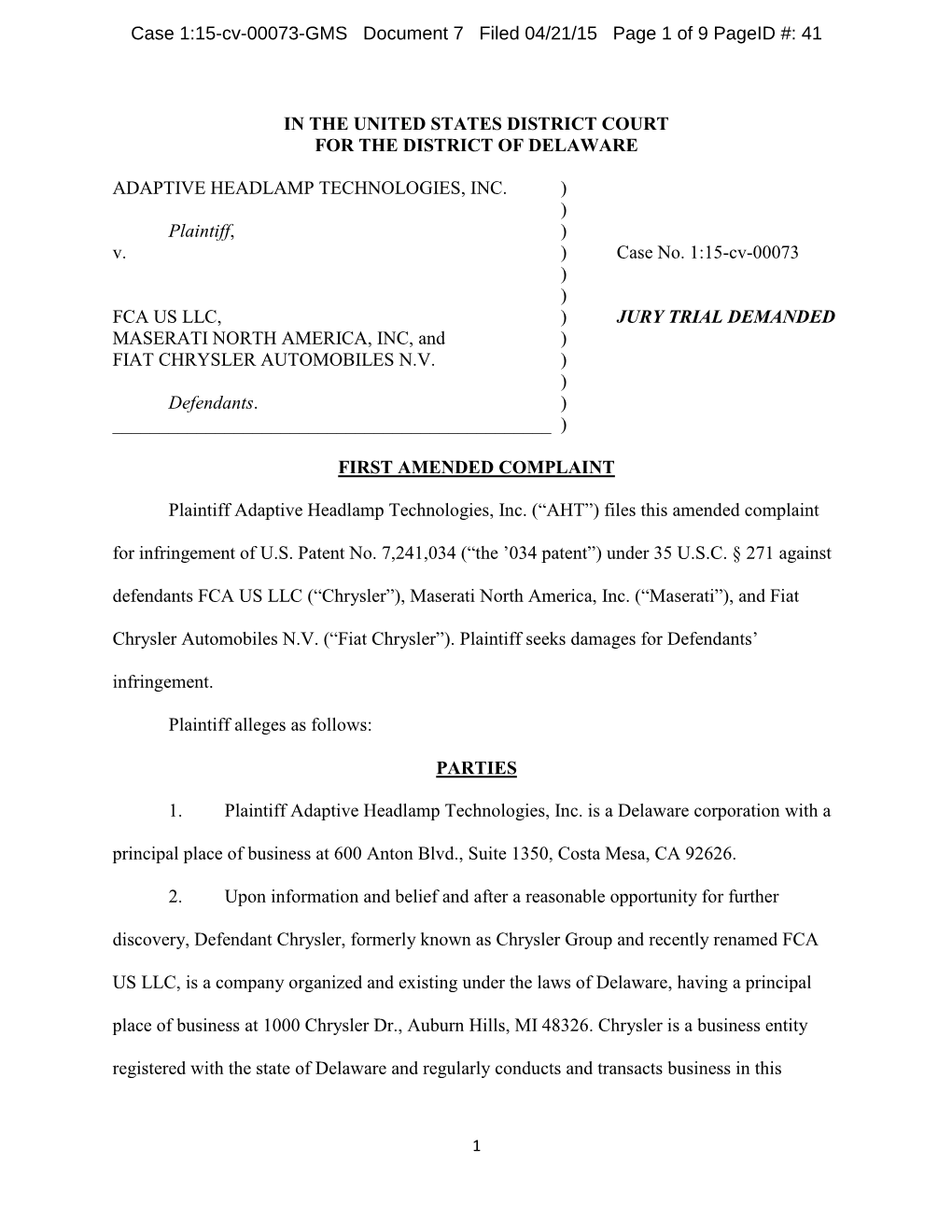 Case 1:15-Cv-00073-GMS Document 7 Filed 04/21/15 Page 1 of 9 Pageid #: 41