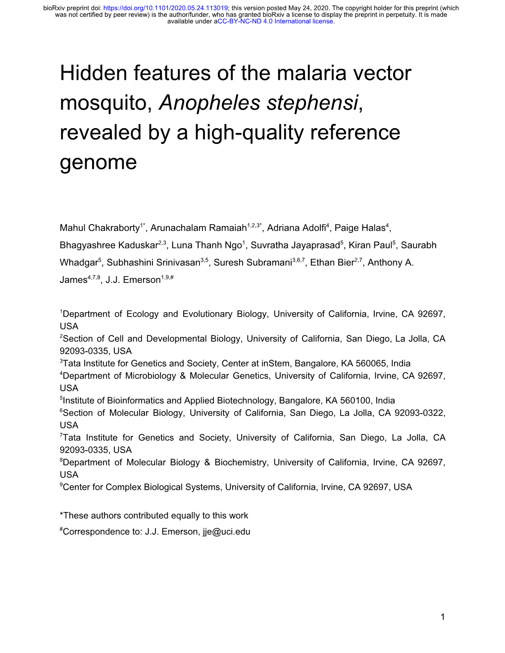 Anopheles Stephensi, ​ ​ Revealed by a High-Quality Reference Genome